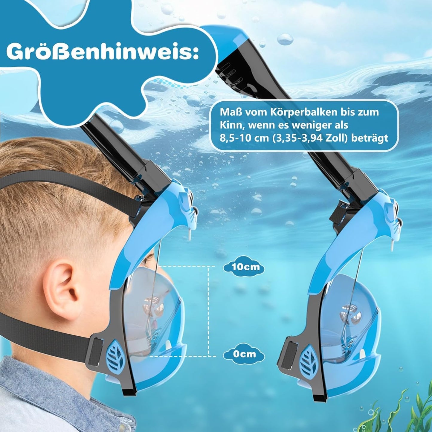 Schnorchelmaske Kinder Vollmaske – CO₂ sichere Tauchmaske ab 6 Jahren mit Anti-Beschlag, Anti-Leck, 180° Sichtfeld – Schnorchel Vollgesichtsmaske inkl. Silikon & Tragetasche