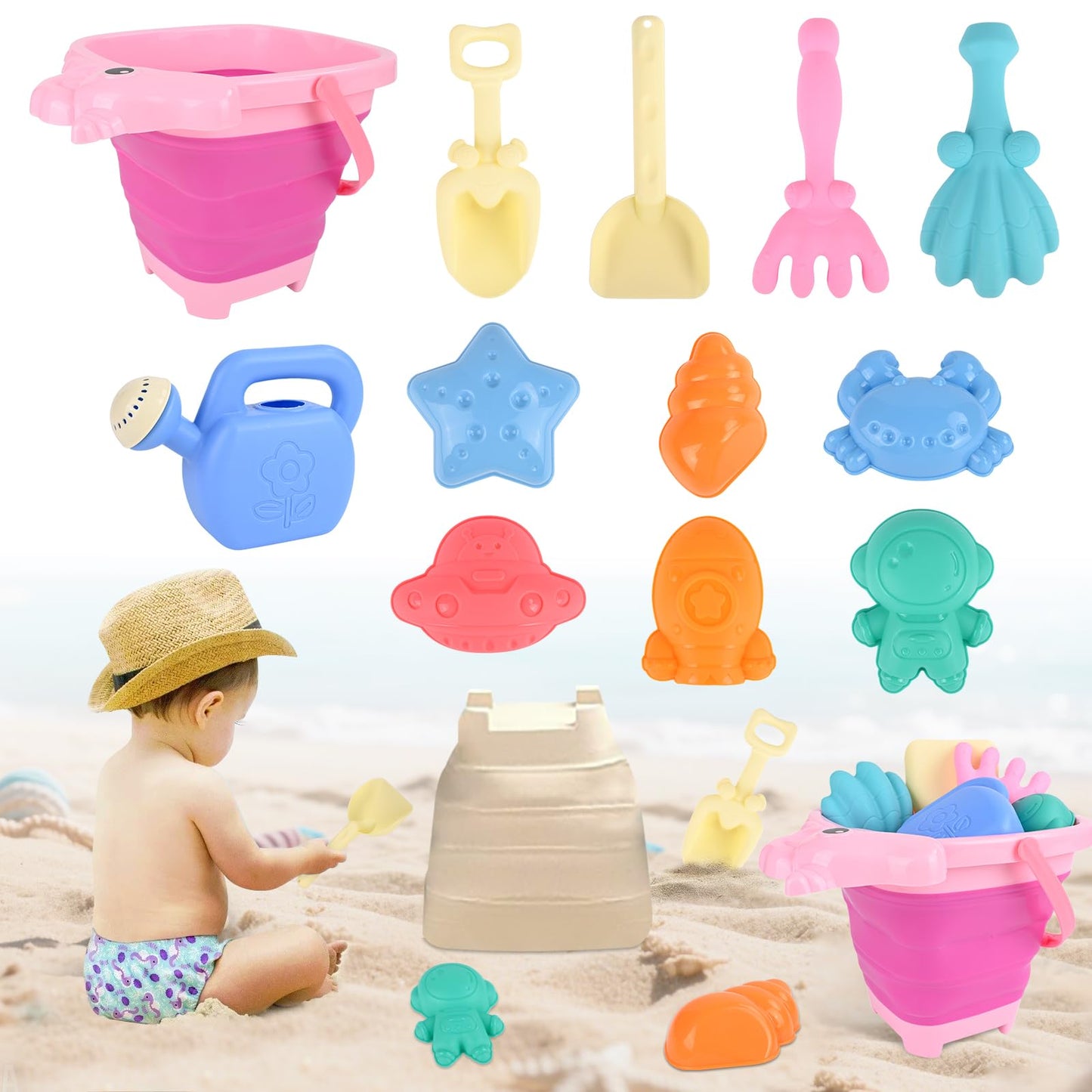 Euakee Sand Toy for Children, 11 Pieces Sand Toys with Foldable Bucket, Sanity Toy Set, Sand Toy Beach, Sandpit Toy for Children 3 4 5 6 7 Years (Orange)