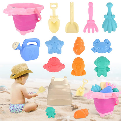 Euakee Sand Toy for Children, 11 Pieces Sand Toys with Foldable Bucket, Sanity Toy Set, Sand Toy Beach, Sandpit Toy for Children 3 4 5 6 7 Years (Orange)