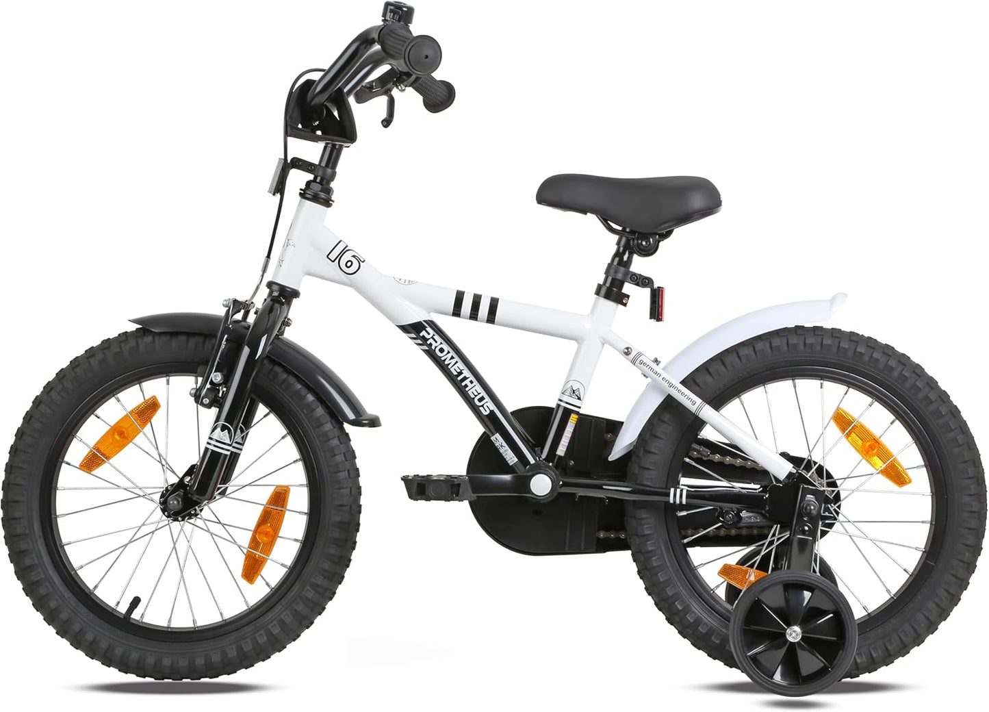 PROMETHEUS BICYCLES Kinderfahrrad 16 Zoll ab 5 Jahren - Kinder Fahrrad Mädchen Jungen Fahrrad Kinder mit Stützräder Rücktrittbremse in Weiss Schwarz - Meloni2