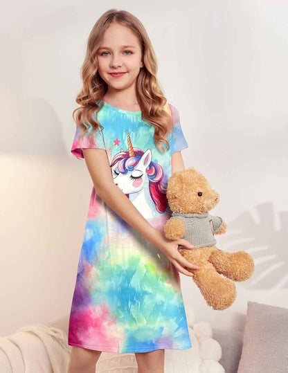 Arshiner Nightdress Girls Short Sleeve Pyjamas Children's Sleep Dress Cat Unicorn Crew Neck Night Dress 4-12 Years