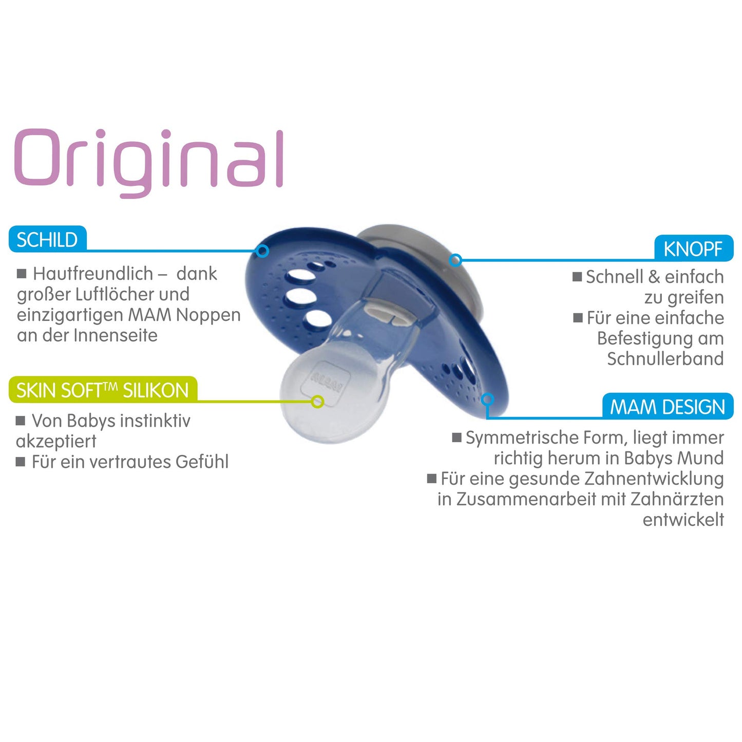 MAM Original Schnuller im 2er-Set, zahnfreundlicher Baby Schnuller aus nachhaltigen & bio-erneuerbaren Materialien, Sauger aus MAM SkinSoft Silikon, mit Schnullerbox, 6-16 Monate, rosa/lila