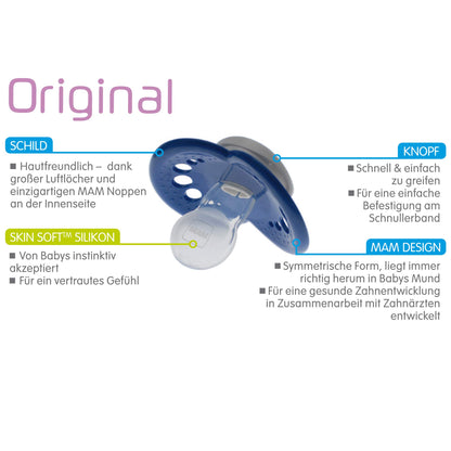 MAM Original Schnuller im 2er-Set, zahnfreundlicher Baby Schnuller aus nachhaltigen & bio-erneuerbaren Materialien, Sauger aus MAM SkinSoft Silikon, mit Schnullerbox, 6-16 Monate, rosa/lila