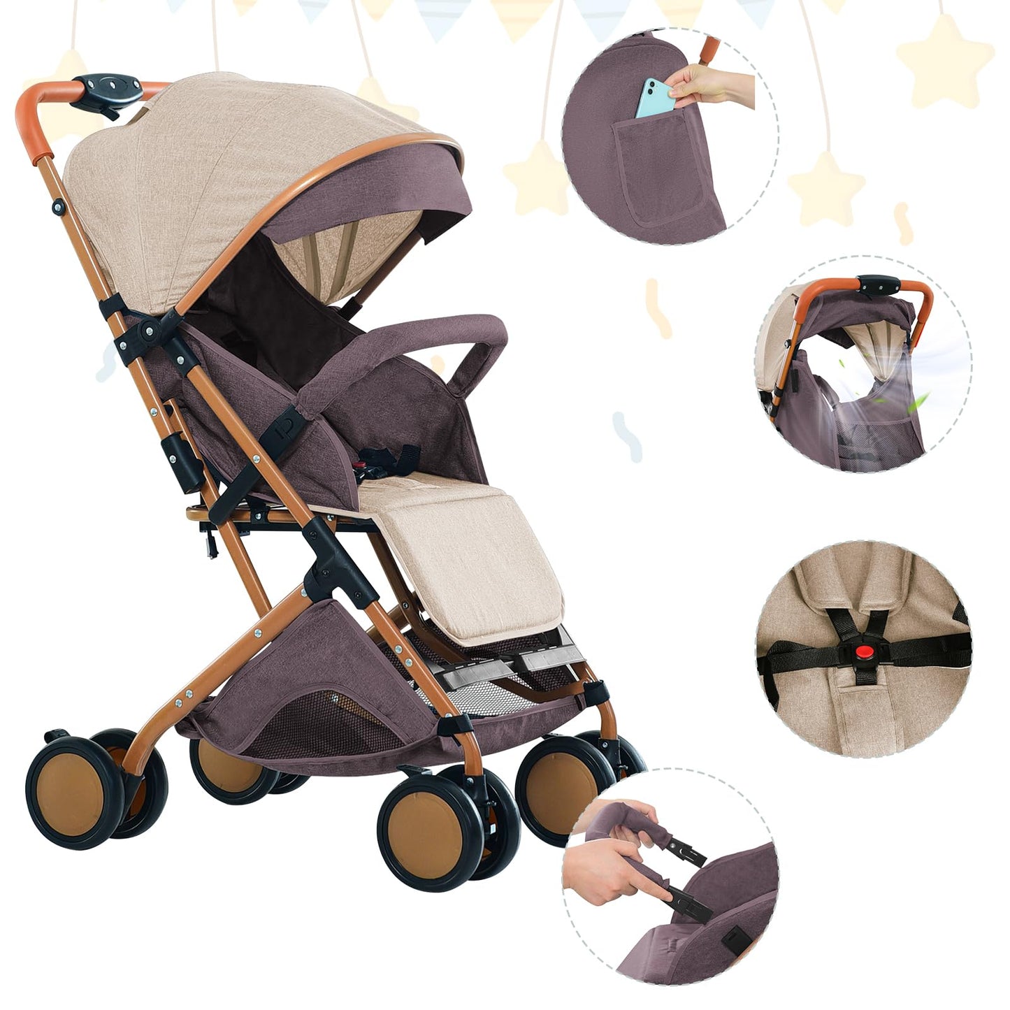Buggy für Babys, ultraleicht, kompakt, faltbar und neigbar, von Geburt bis 25 kg, mit Trolley-System, Regenschutz inklusive, ausziehbarer Haube, C-schwarz