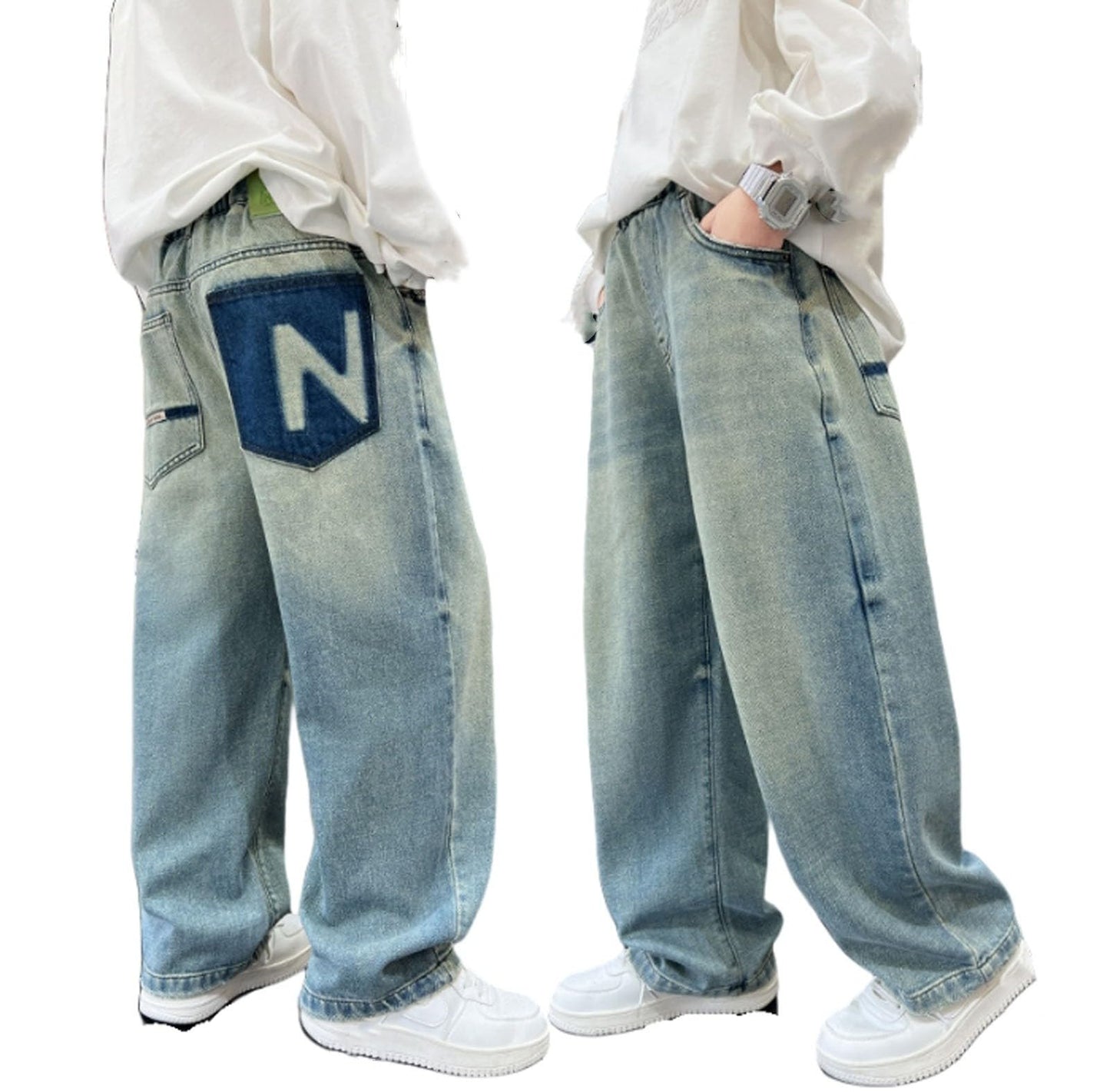 Children's Baggy Jeans Boys Wide Leg Jeans Loose Fit Denim Vintage Trousers Casual Wide Leg Jeans Streetwear Outdoor Vintage Loose Fit Baggy Jogging Bottoms Boys Black Trousers Cargo Trousers Pants