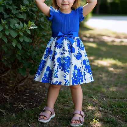 Codkkre Mädchen Kleid Blumen Bowknot Kinder Kleider Rüschenärmel A-Linie Mädchen Kleid Sommer Ostern Mädchen Kleid Rundhals 104 110 116 122 128