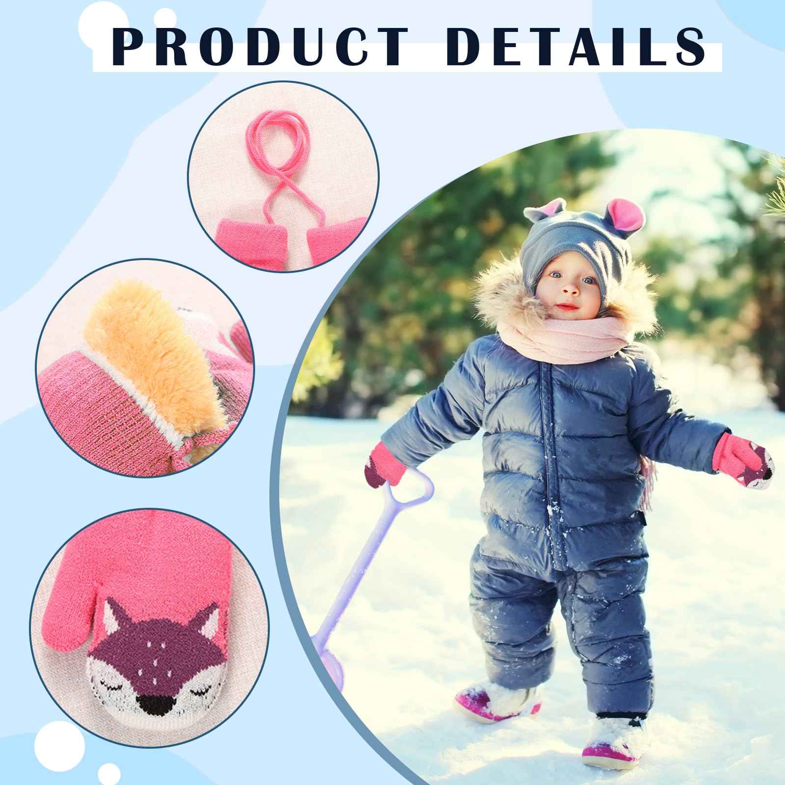 FUIPVGI 2 Pairs of Baby Winter Gloves, Cartoon Children's Winter Gloves, Mittens, Warm Knitted Gloves with Lanyard for 0-3 Years Girls Boys