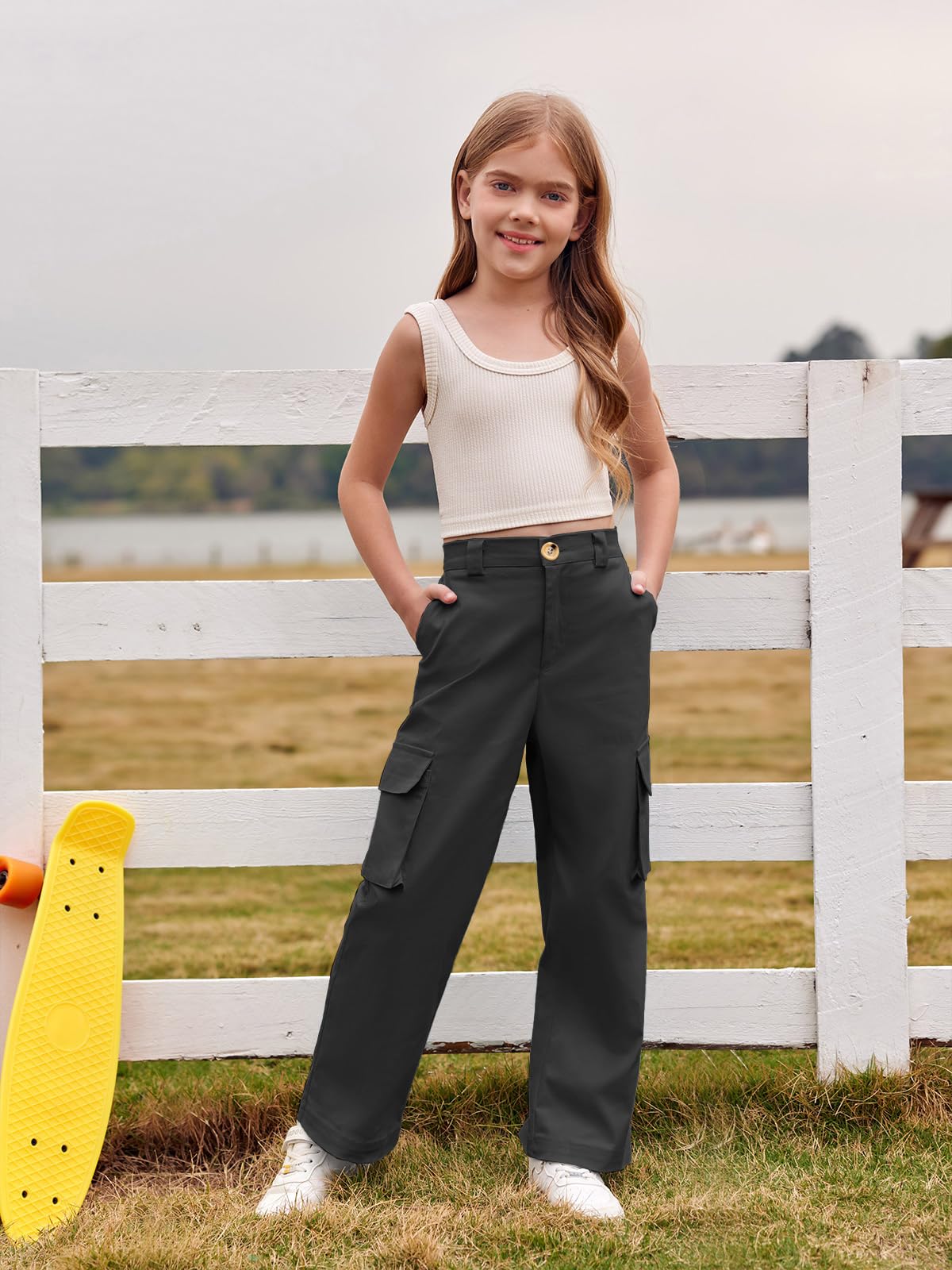 Haloumoning Mädchen Cargohose Baumwoll Y2K Baggy Cargo Hose Kinder Straight Leg Hohe Taille Jogginghose Casual Outdoorhose mit Elastische Taille und Taschen