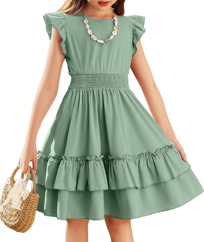 Arshiner Girls Dresses Flutter Sleeves Kids Summer Cotton Formal Dress A-Line Waist Lace-up Casual Dress Swing Dress Elegant Sleeveless Dress for Girls 5-13 Years 