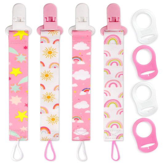 Suofuolef 4 Pack Schnullerkette Baby Mädchen, Baby Schnullerband Set mit Adaptern, Schnuller Clips für Neugeborenen Geburt & Taufe Geschenk, Rose