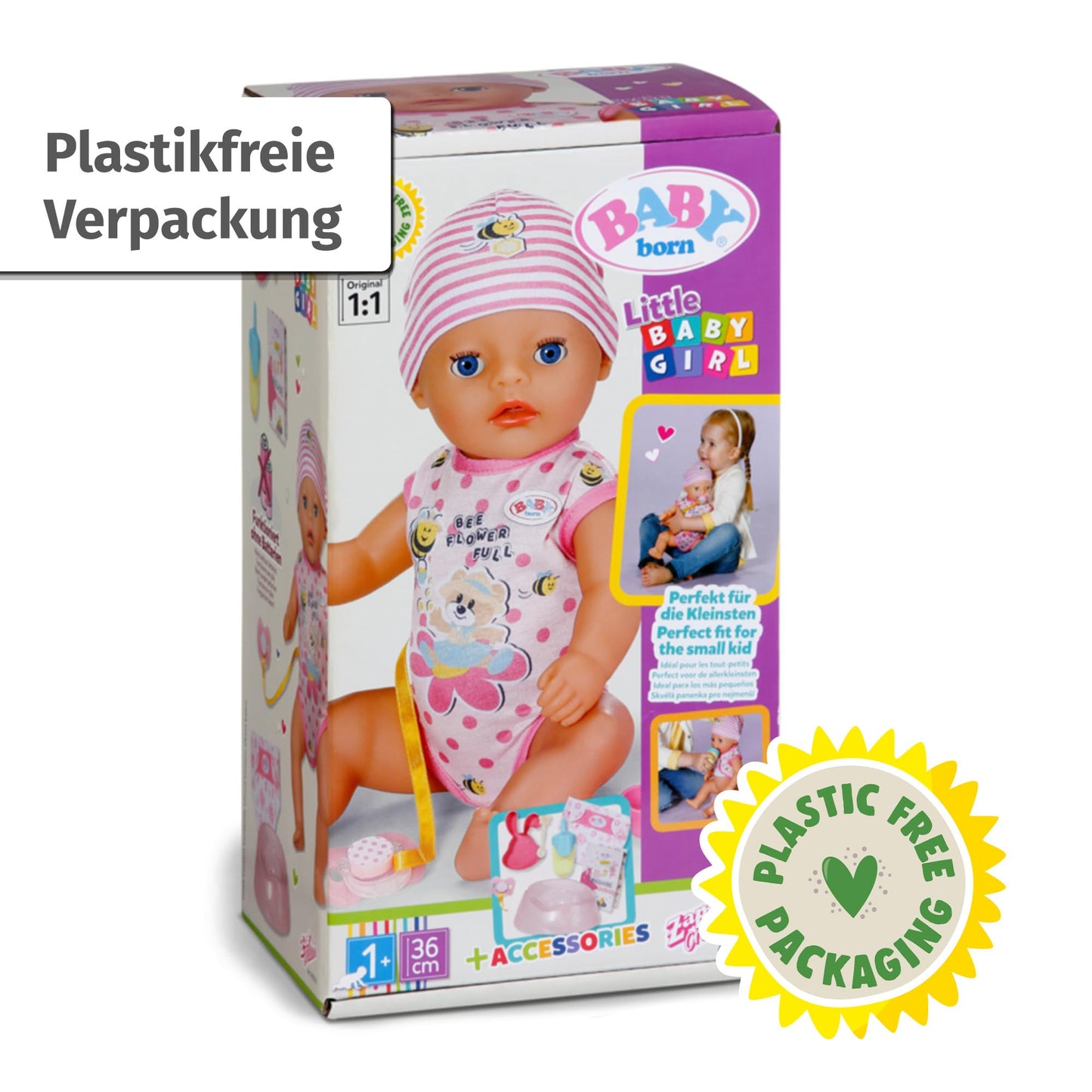 BABY born Lena (Little Baby Girl) 36cm, Babypuppe mit 7 Funktionen für Kleinkinder ab 1 Jahr, funktioniert ohne Batterie, 36 cm große Puppe, Black