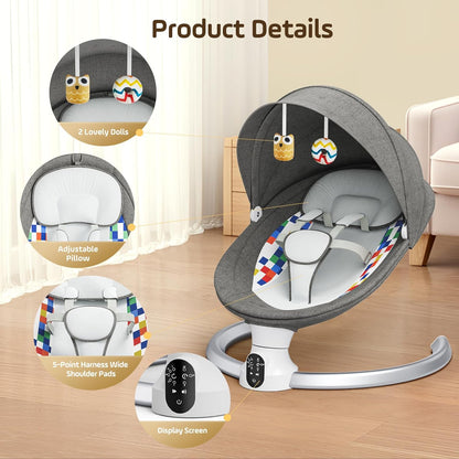 Bluetooth Elektrische Babyschaukel, Upgrade 5-Punkte Geschirr Elektrische Babywippe mit 5 Geschwindigkeiten 3 Timer und 10 Musik, Mobiler APP/Fernbedienung/IMD Panel-Steuerung Babywippen (Dunkelgrau)