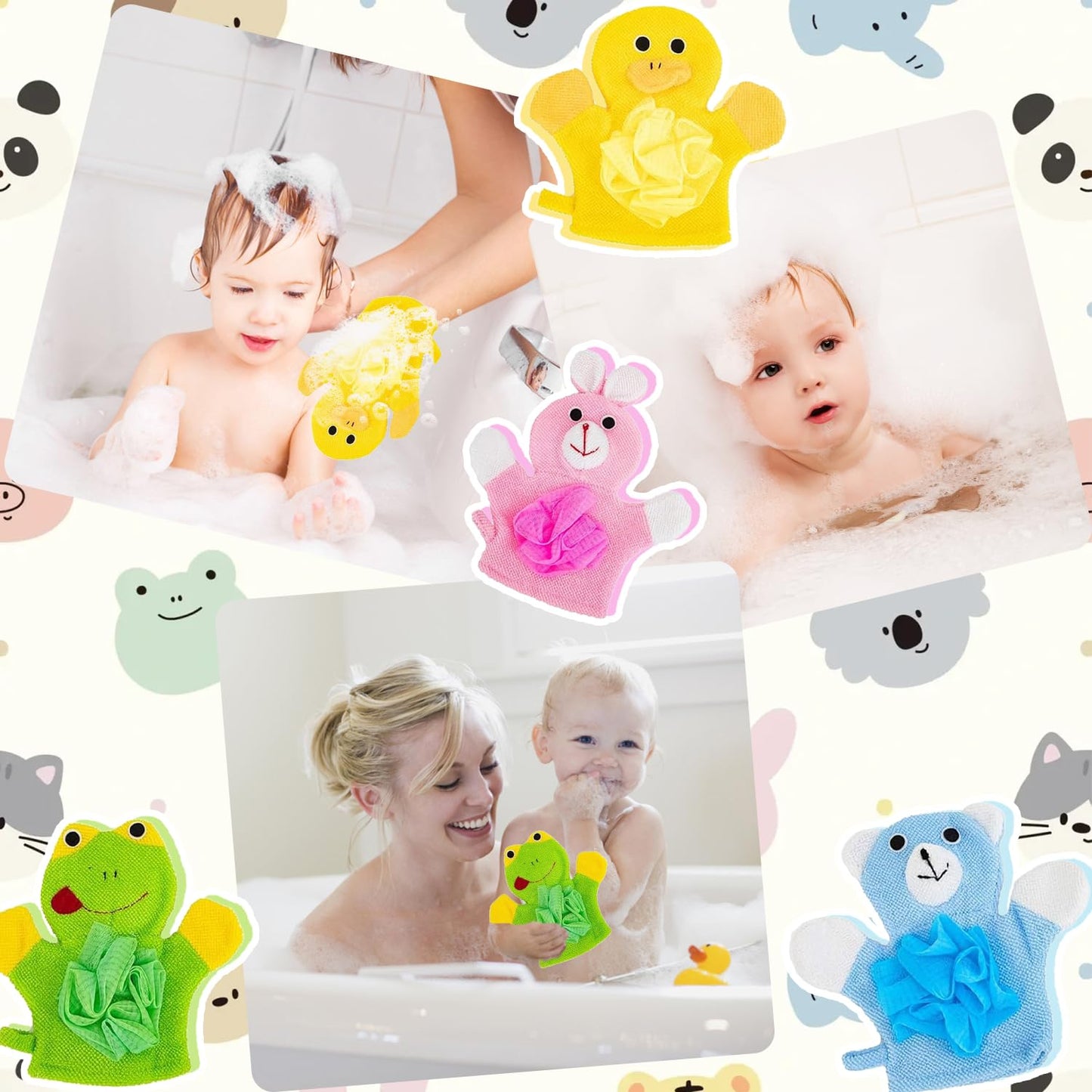 Wash Mitt with Animal Motif, Pack of 4 Wash Cloths Baby, Baby Bath Gloves, Baby Wash Cloths with Animal Motif, Baby Wash Cloth, Cartoon Baby Bath Glove, for Toddlers, Children, Bathroom, Shower