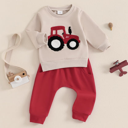 Baby Boys Soft Clothing Sets Toddler Cute Two Piece Outfit Long Sleeve Tractor Print Sweatshirt and Trousers Set Autumn Winter Jogging Suit 