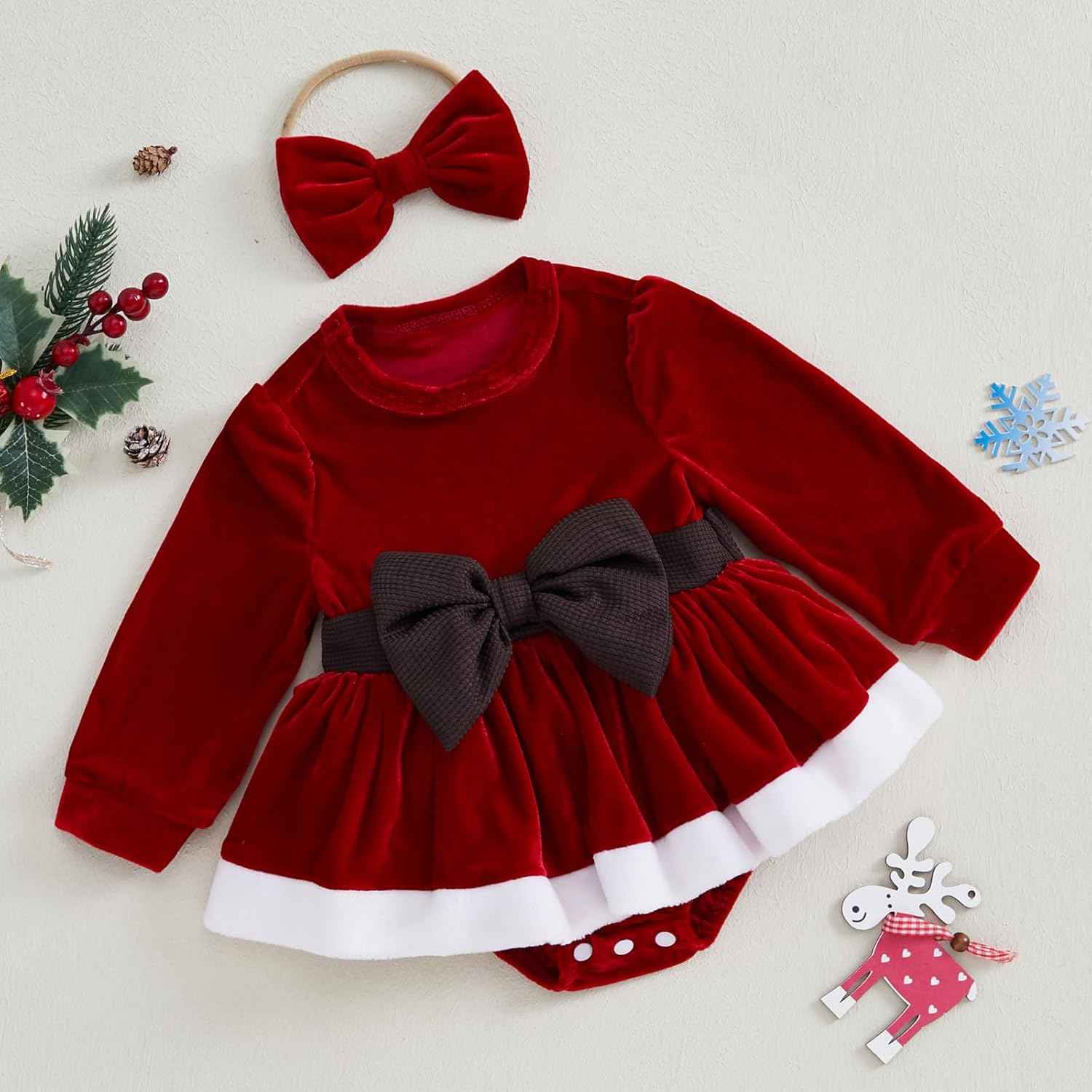 Geagodelia Girls Christmas Dress Long Sleeve Elegant Red Winter Dresses and Headband Set for Newborn Christmas
