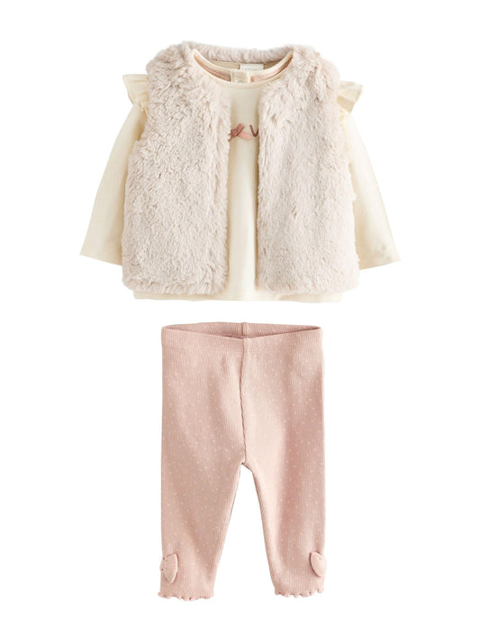 NEXT Baby Mädchen Baby Fellweste, Oberteil und Leggings im 3-teiligen Set
