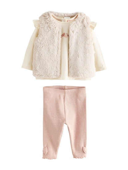 NEXT Baby Mädchen Baby Fellweste, Oberteil und Leggings im 3-teiligen Set