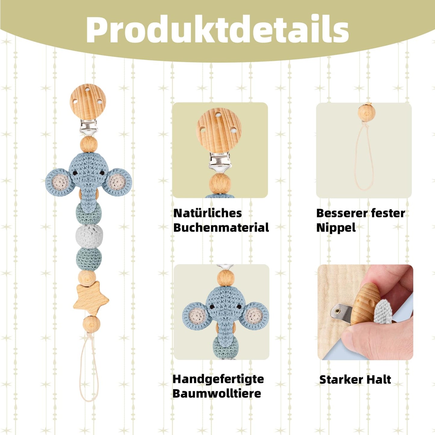 2 Stück Handgemachte Tier Design Schnullerkette Cup Catcher BPA-frei Sicherheitsgurt für Verstellbarer Kinderwagenkette zum Aufhängen von Trinkbecher Halteriemen für Kinderwagen