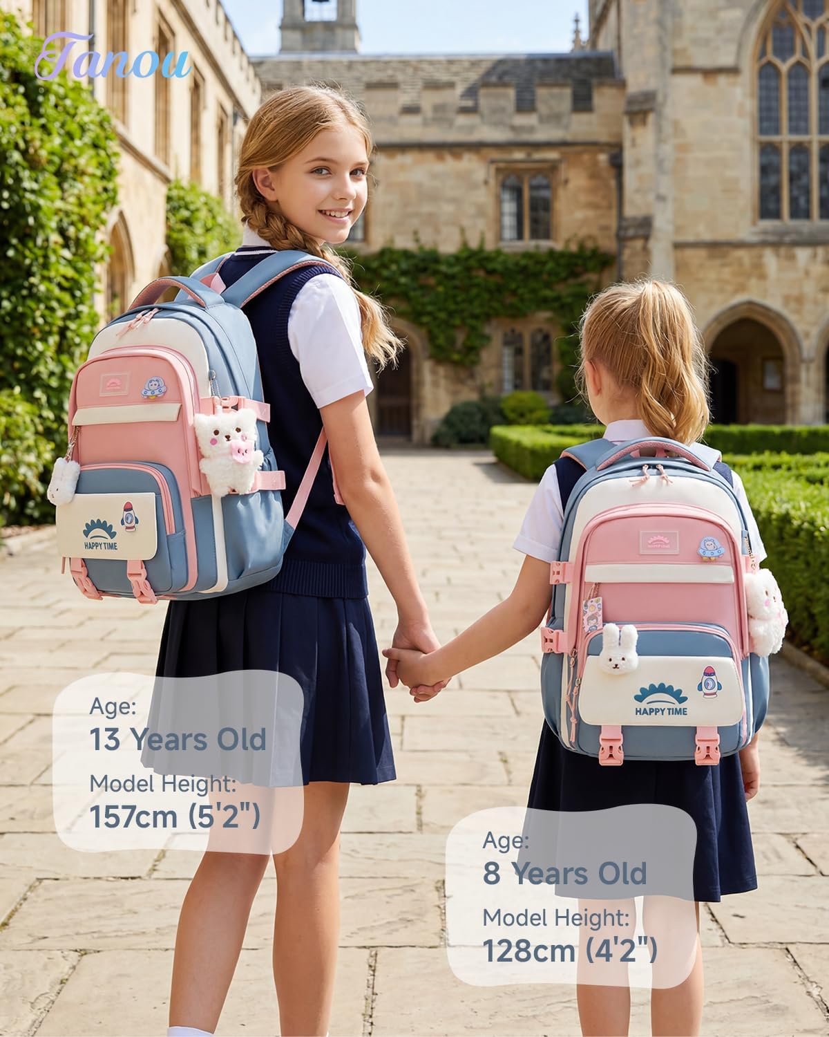 Tanou Schultasche Mädchen, Wasserabweisender Nylon Kinder Schulranzen, 20L | Leichter Schulrucksack für Mädchen der 2. bis 5. Klasse, Rucksack Schule mit Anhänger, Blau