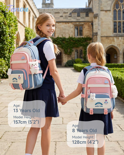Tanou Schultasche Mädchen, Wasserabweisender Nylon Kinder Schulranzen, 20L | Leichter Schulrucksack für Mädchen der 2. bis 5. Klasse, Rucksack Schule mit Anhänger, Blau