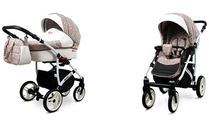 BabyLux® Bambimo Kinderwagen Set 3 in 1 - White Lux - incl. Babywanne, Buggy Sportsitz, Auto-Babyschale - Autositz - Kinderwagenset - Kombikinderwagen mit Wickeltasche, Regenschutz usw.