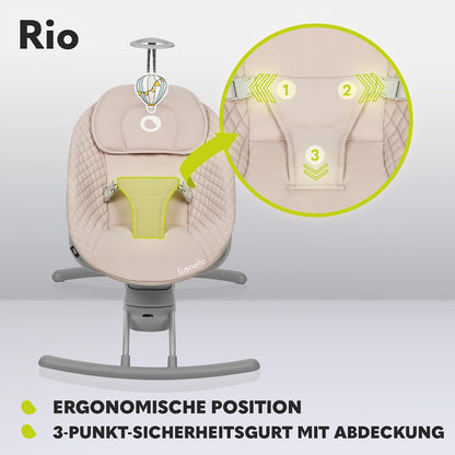 LIONELO RIO Elektrische Babywippe für Kleinkinder bis zu 9 kg Verstellbare Rückenlehne, 3 Wiegegeschwindigkeiten, Polster Sitzgurte Melodien und Geräusche der Natur Leichtes Gewicht 3,5 kg