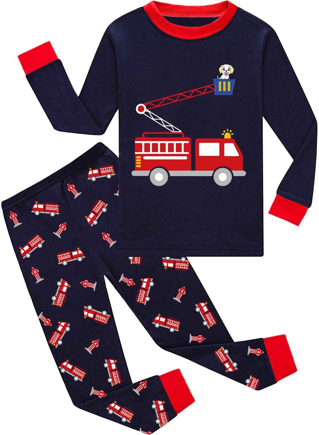 EULLA Children's Boys' Pyjamas Long Sleeve Cotton Winter Pyjama Set Fire Truck Dinosaur Digger Tractor Train Two-Piece Sleepwear 1-7 Years 92 98 104 110 116 122