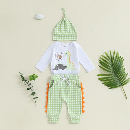 Hallo Ich bin neu hier Neugeborene Baby Jungen Kleidung Set Dinosaurier Print Langarm Bodysuit und Hosen Baumwolle Baby Kleidung Set Herbst Winter Kleidung Sets für Baby Jungen Outfits