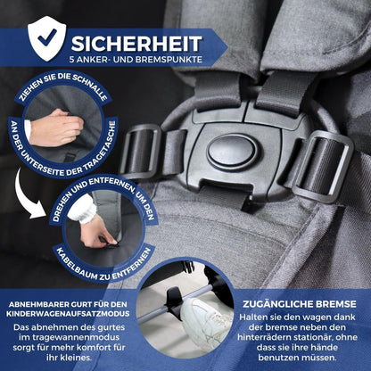 Mobiclinic® kids, Kinderwagen + babywanne, 2 in 1, Nuit, Ultrakompakt, 5-punkt-gurtsystem, 22 kg, Einhandbedienung, Verstellbar, Verstellbare rückenlehne, Motorhaube, Korb, Fußbremse, Wendbar