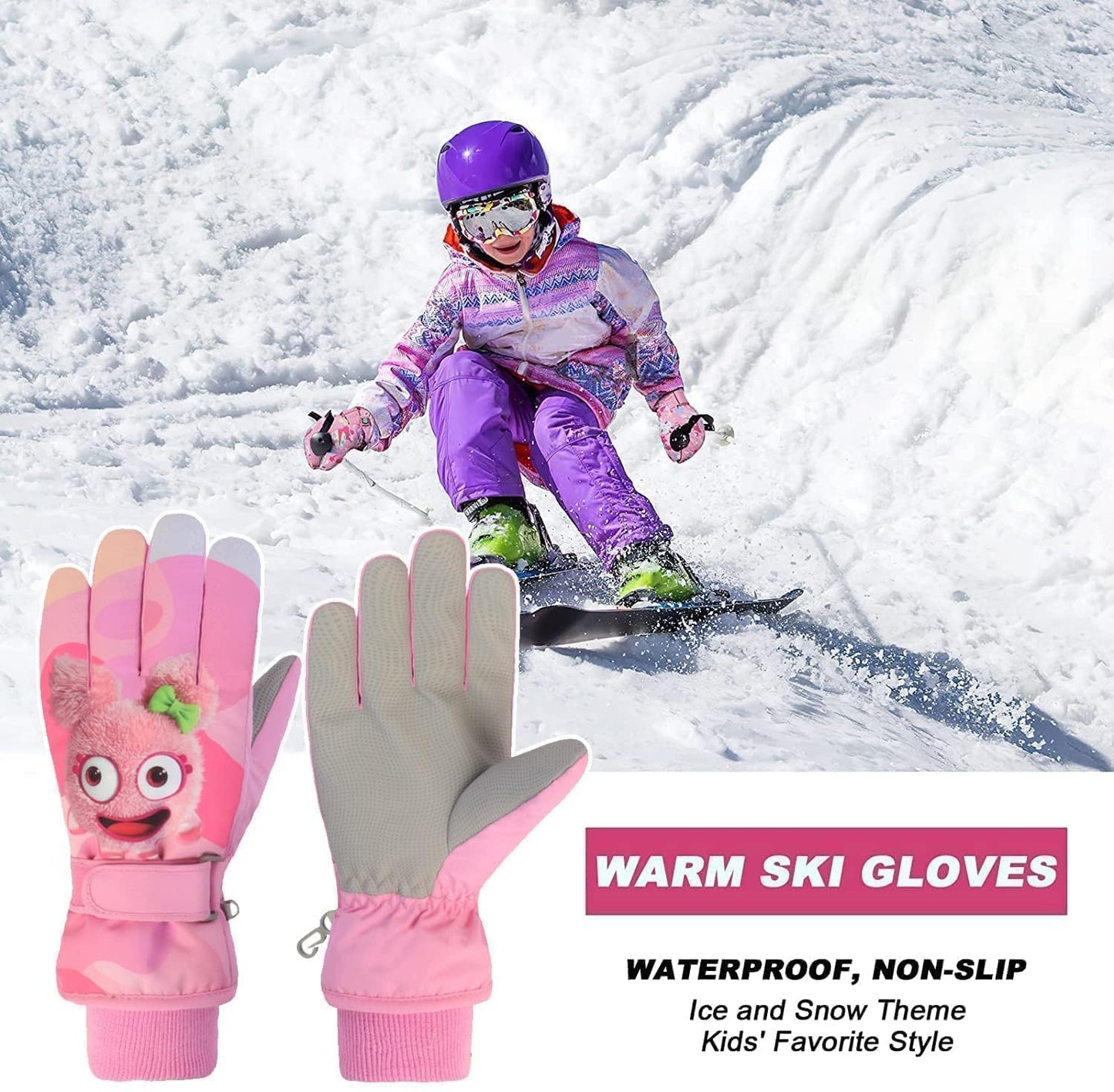 FAYHIJUN Children's Winter Snow Gloves Ski Gloves for 1-13 Years Girls Boys PU Palm Waterproof Windproof Warm Fleece Winter Gloves Cycling Gloves