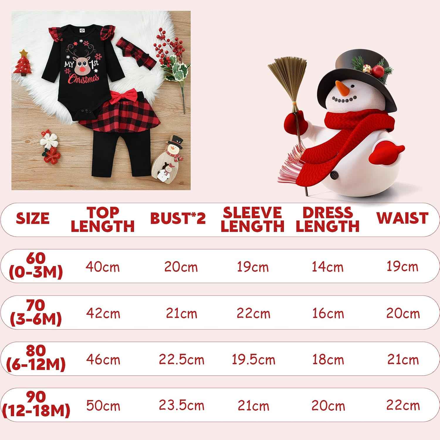 Asmea Baby Christmas Outfit Girls My First Christmas Outfit Newborn Christmas Clothing Christmas Baby Outfit Newborn Set Christmas Clothes Baby Romper + Trousers + Headband 0-18 Months