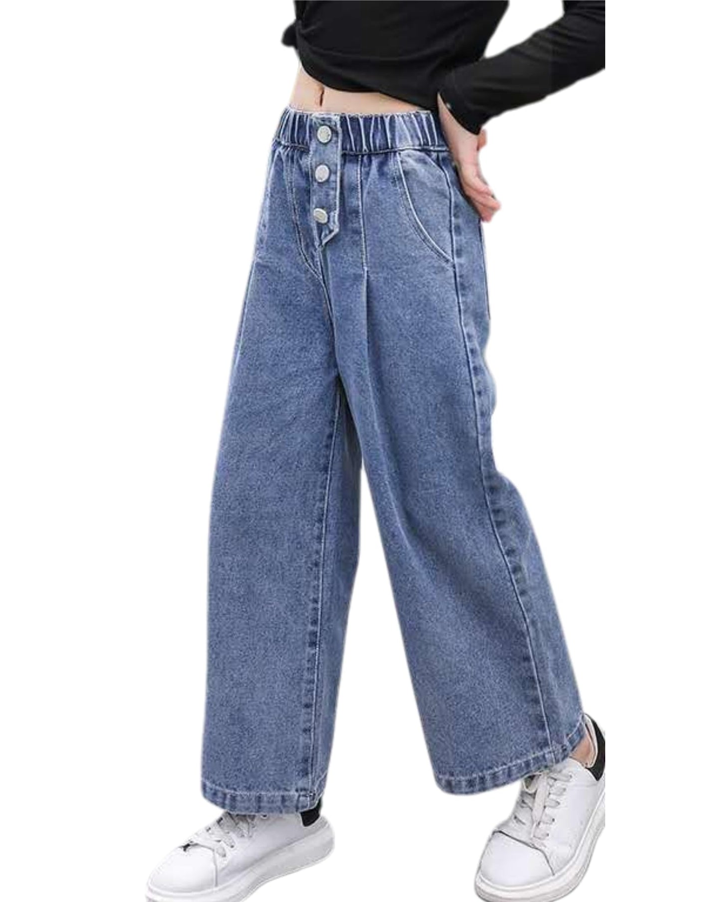Rolanko Girls' Jeans Trousers with Hole, Denim Blue Jeans, Vintage Trousers With Wide Leg for Children
