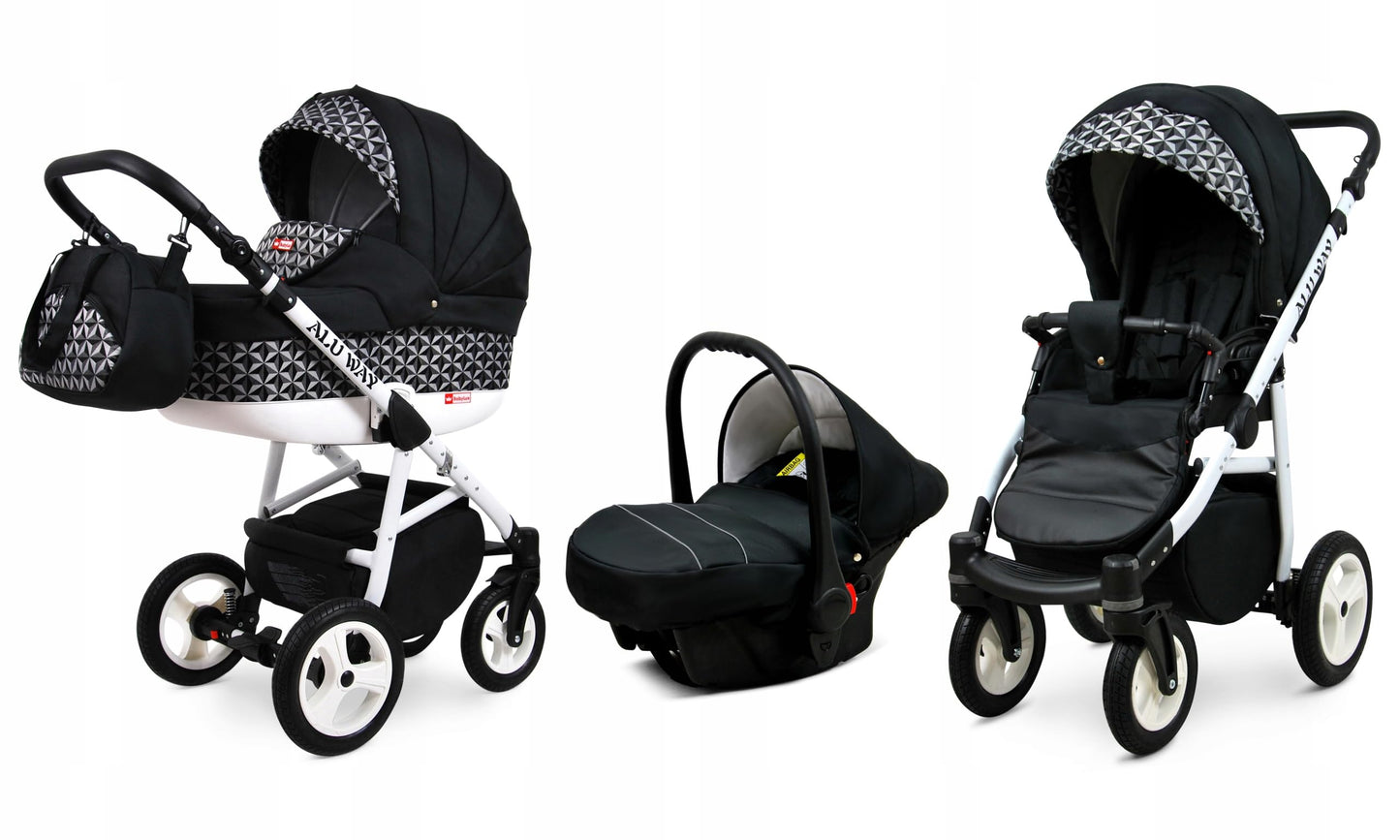 BabyLux® Kinderwagen Set 4 in 1 - Alu Way - incl. Babywanne, Buggy Sportsitz, Auto-Babyschale, ISOFIX-Basisstation - Autositz - Kinderwagenset - Kombikinderwagen mit Wickeltasche usw.