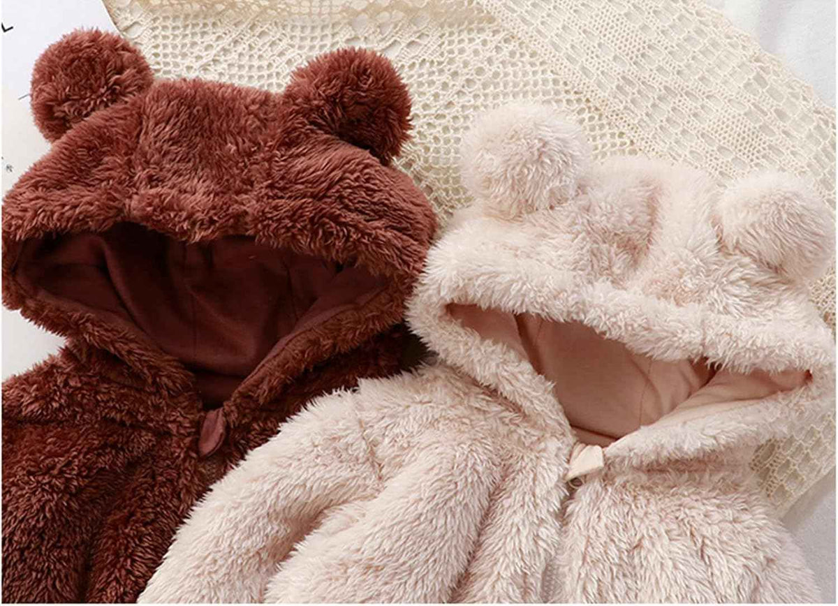 Baby Winter Fleeceoverall mit Kapuze, Bärenohren und Reißverschluss Braun