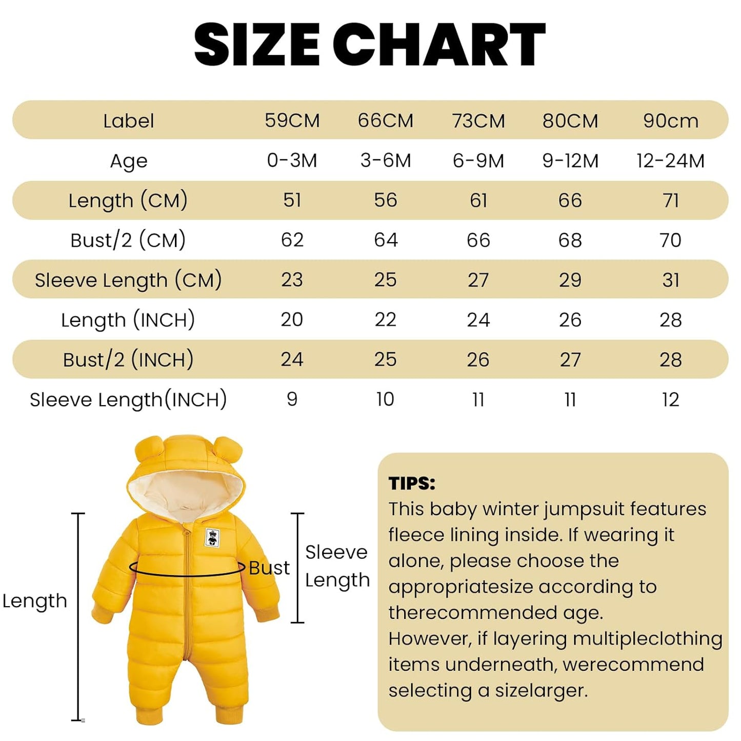 Minizone Baby Winter Jumpsuit with Hood, Romper Snowsuit Boys and Girls, Long-Sleeve Jumpsuit, Warm Outfits, Gift, 6-9 Months, 80 cm, Black