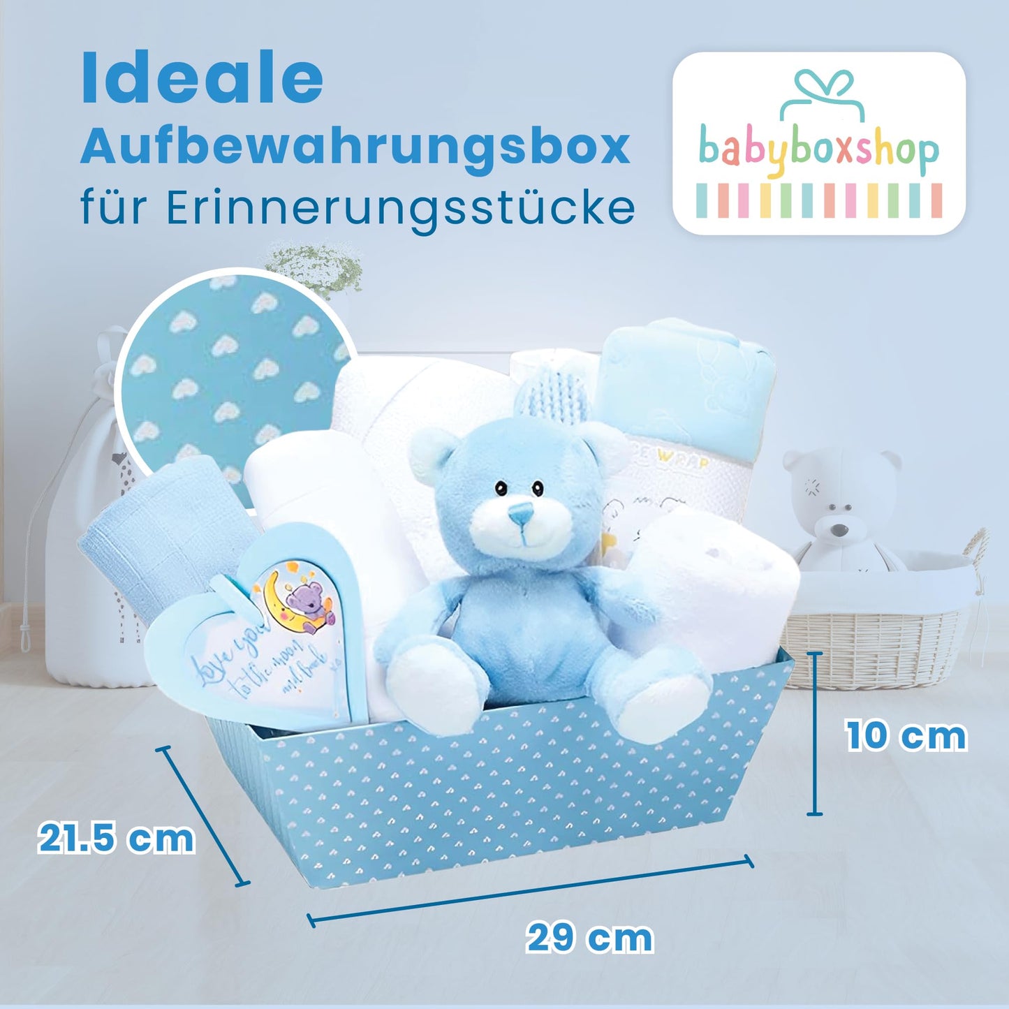 Baby Box Shop 14 Baby Gifts for Birth Boy, Ideal for Baby Showers, Baby Shower Gifts, with New Baby Essentials for Newborn Boys and a Blue Plush Teddy Bear