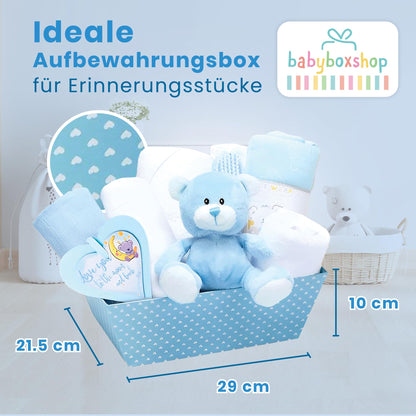 Baby Box Shop 14 Baby Gifts for Birth Boy, Ideal for Baby Showers, Baby Shower Gifts, with New Baby Essentials for Newborn Boys and a Blue Plush Teddy Bear