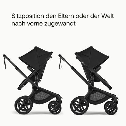 Bugaboo Fox 5, 2-in-1 Kinderwagen für jedes Gelände, mit Liegewanne und ausziehbarem Kleinkindsitz, einfach zu manövrieren und Ein-Hand Faltung, Fahrgestell in Schwarz und Sonnendach in Forest Green