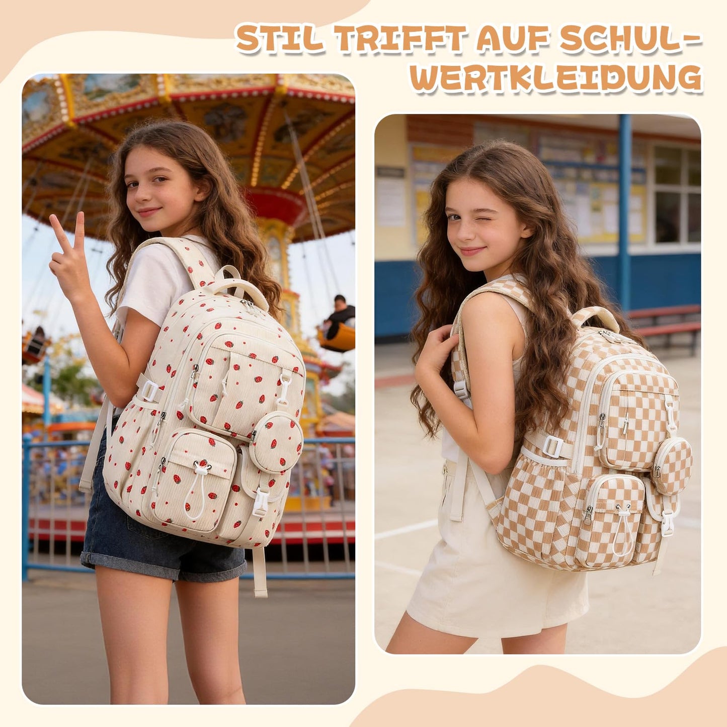 Schulrucksack Teenager Mädchen 22,9L mit Abnehmbarem Münzbeutel | Reflektierende Sicherheitsstreifen,S-förmige Wirbelsäulenstütze,Wasserfestes Gewebe,Wabenbelüfteter Rücken