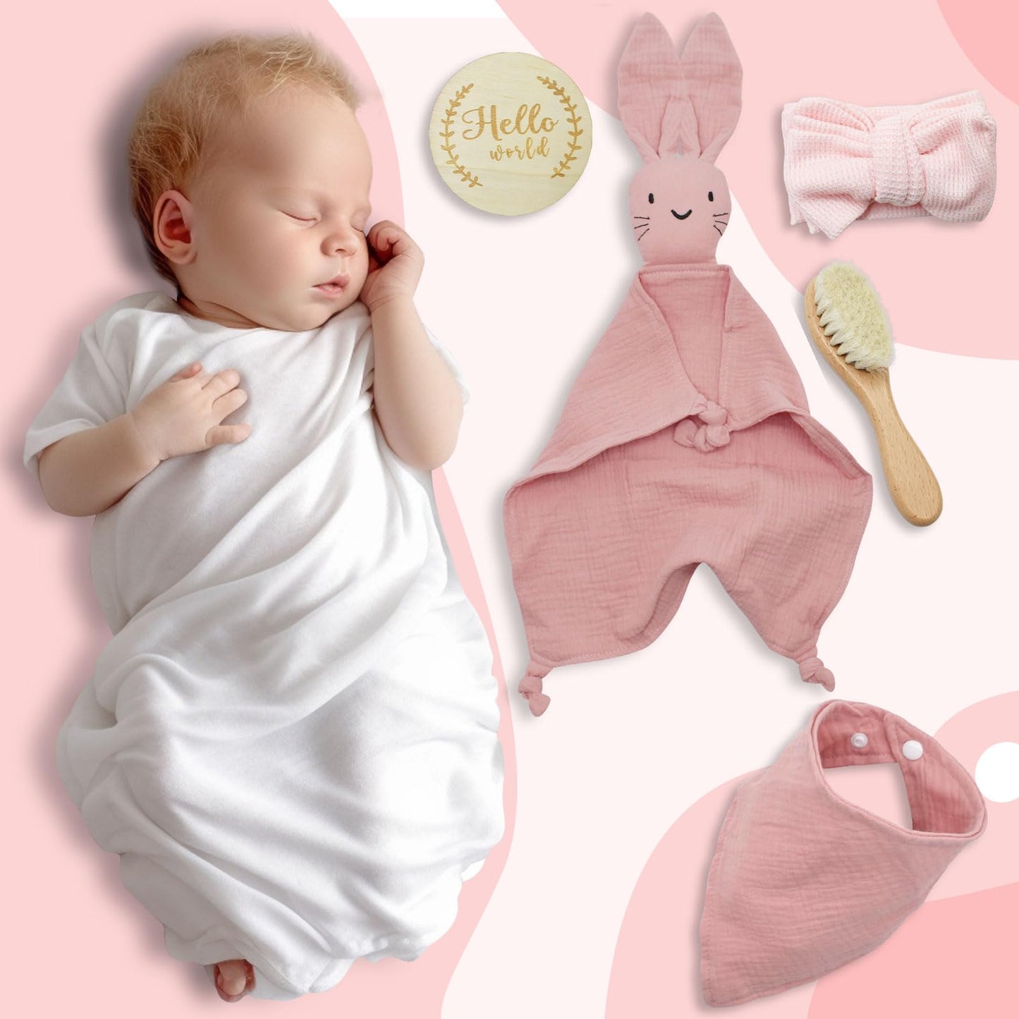 YTACREA Schmusetuch Baby, Baby Geschenk Mädchen Junge Personalisierte Geschenk Neugeborenen mit Schmusetuch, Lätzchen, Turban, Meilensteinkarten, Bürsten und Socken, Khaki