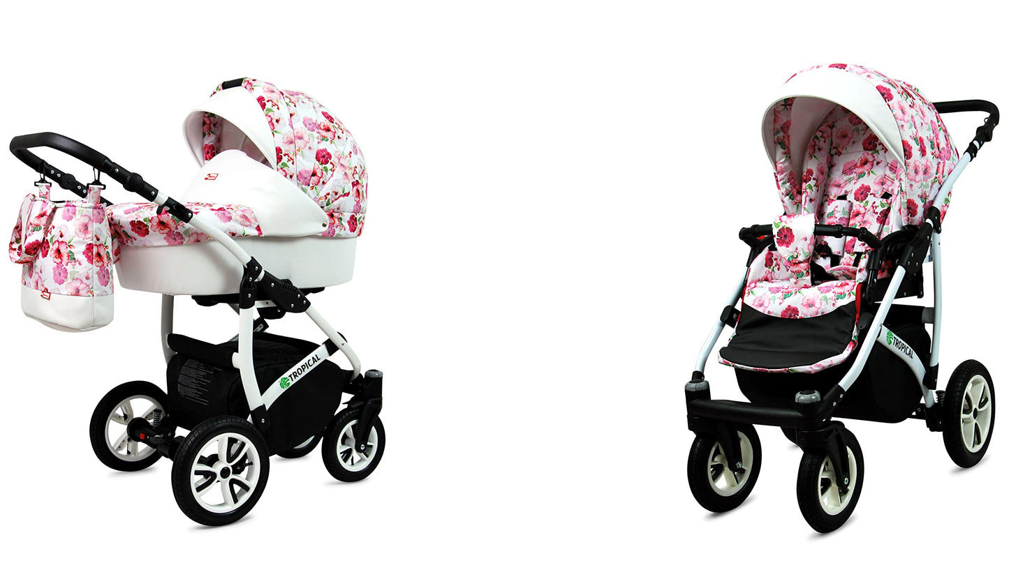 BabyLux® Bambimo Pushchair Set 3 in 1 - Tropical - incl. Baby Carrycot, Buggy Sports Seat, Car Seat - Pram Set - Combination Pram with Changing Bag, Rain Cover etc.