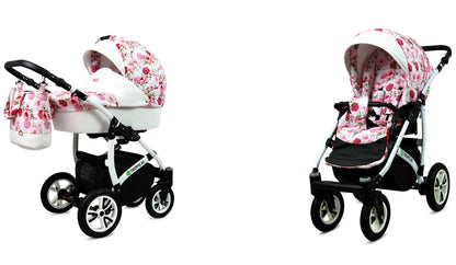 BabyLux® Bambimo Pushchair Set 3 in 1 - Tropical - incl. Baby Carrycot, Buggy Sports Seat, Car Seat - Pram Set - Combination Pram with Changing Bag, Rain Cover etc.