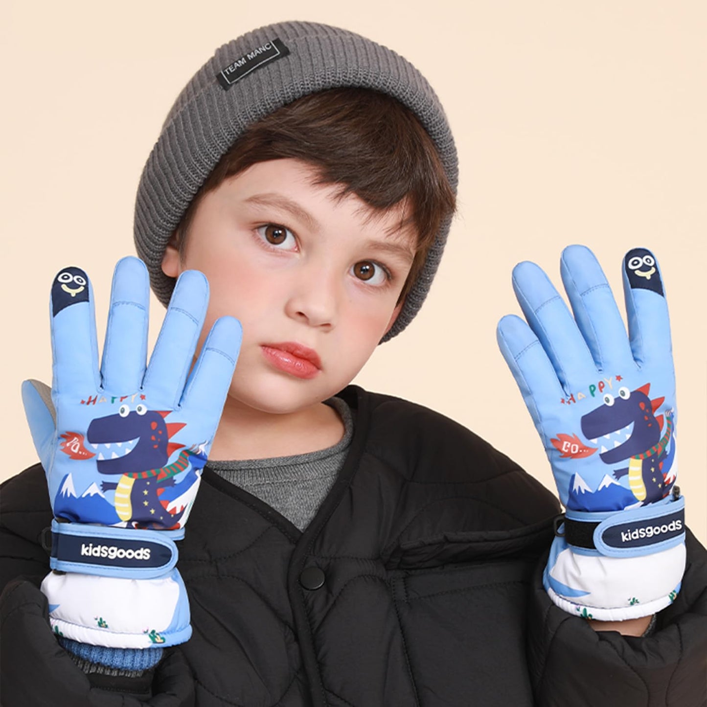 KAKU NANU Children's Winter Gloves 2-10 Years Ski Gloves Waterproof Warm Fleece Cartoon Children's Gloves Mittens with Cord Outdoor Snowboard Gloves Children Boys Girls Blue Red Pink Purple