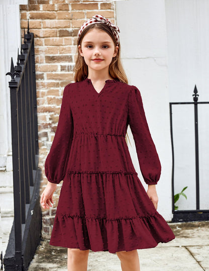 Arshiner Dress Girls Festive Flounce V-Neck Long Sleeve Dress Swiss Dot Chiffon Dress Children Tiered Dress A-Line Party Dress Wedding Princess Dress Swing Skater Dress 5-12 Years 