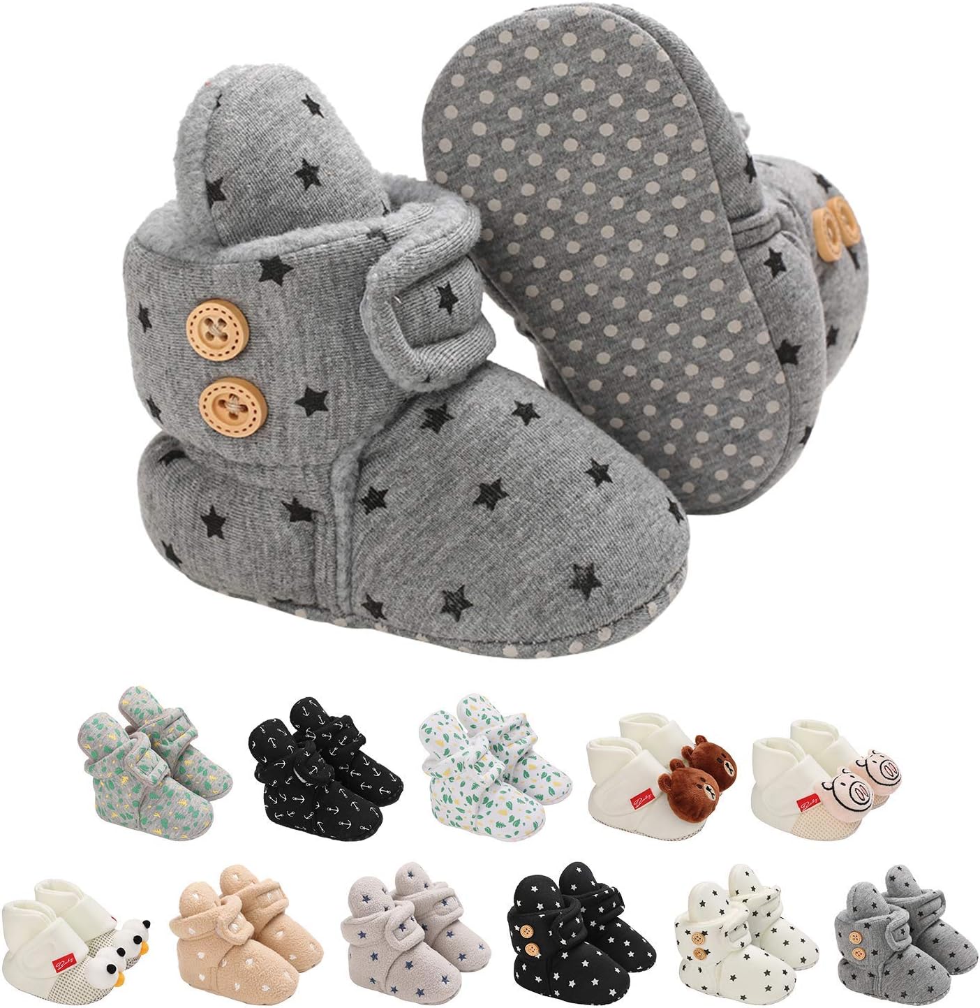 EDOTON Unisex-Baby Neugeborenes Fleece Booties, Baby Jungen Mädchen Weiche Sohlen Streifen Bootie Kleinkind Stiefel Niedlich Stiefel Socke Einstellbar