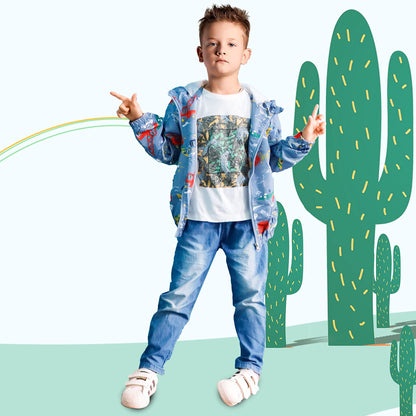 JinBei Jacke Baby Junge Kinder Jacken Kapuzen Sweatjacke Kapuzenjacke Cartoon Aufdruck Jungen Winddicht Mantel Windjacke Übergangsjack Frühling Herbst Outwear Softshelljacke 1-7 Jahre