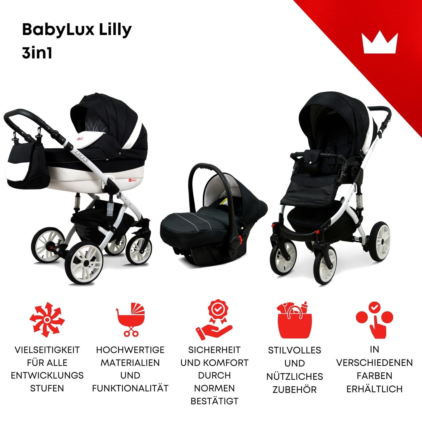 BabyLux® Bambimo Kinderwagen Set 3 in 1 - Lilly - incl. Babywanne, Buggy Sportsitz, Auto-Babyschale - Autositz - Kinderwagenset - Kombikinderwagen mit Wickeltasche, Regenschutz usw.