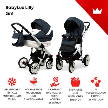 BabyLux® Bambimo Kinderwagen Set 3 in 1 - Lilly - incl. Babywanne, Buggy Sportsitz, Auto-Babyschale - Autositz - Kinderwagenset - Kombikinderwagen mit Wickeltasche, Regenschutz usw.