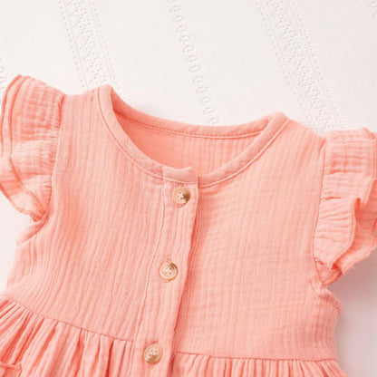 Kleinkinder Mädchen Sommerkleid Rüschenärmel Rundhalsausschnitt Knopfleiste Kleid lässiges Herbst A-Linien Party Kinderkleider 2-6 Jahre