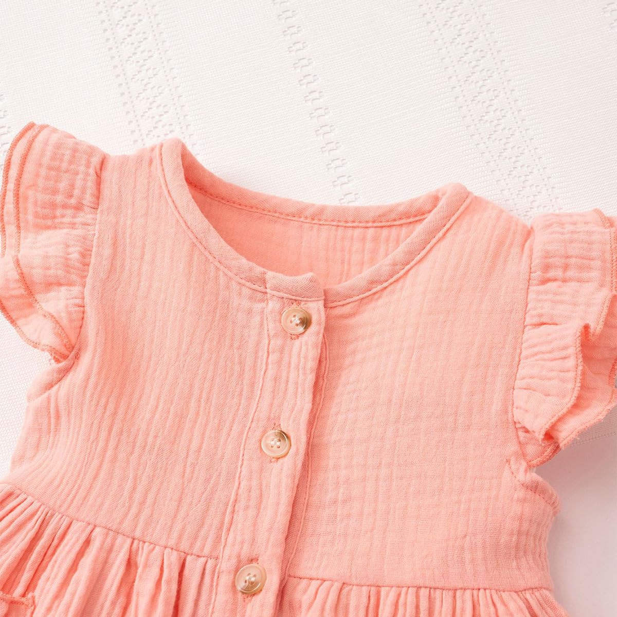 Kleinkinder Mädchen Sommerkleid Rüschenärmel Rundhalsausschnitt Knopfleiste Kleid lässiges Herbst A-Linien Party Kinderkleider 2-6 Jahre